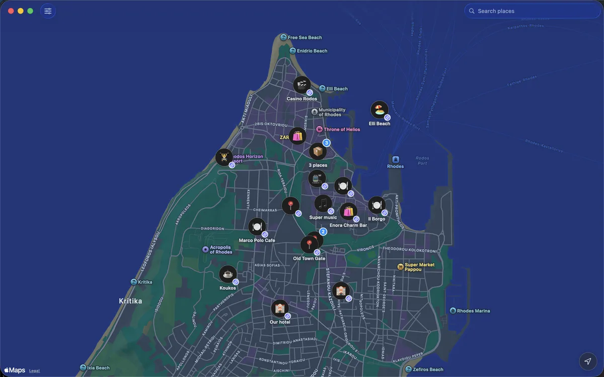 Nemo on a Mac: a wide map of Rhodes with the user's places as emoji markers and a search field